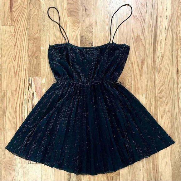 Vintage Pleated Sleeveless Sparkly Black Sheer Mini Dress Size Small - Picture 5 of 5